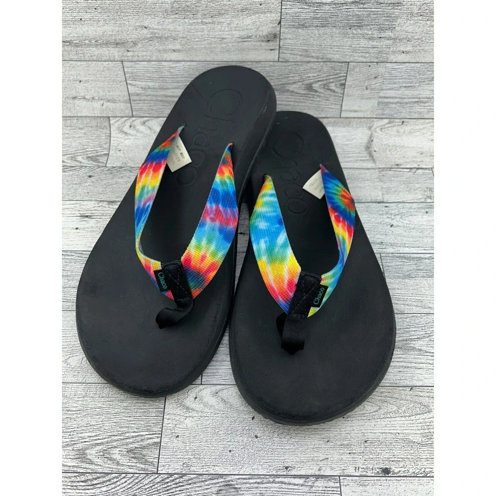 Chaco Chillos Flip Flops Men Sz 10 Black Tie Dye Rainbow Straps Sandals J108035